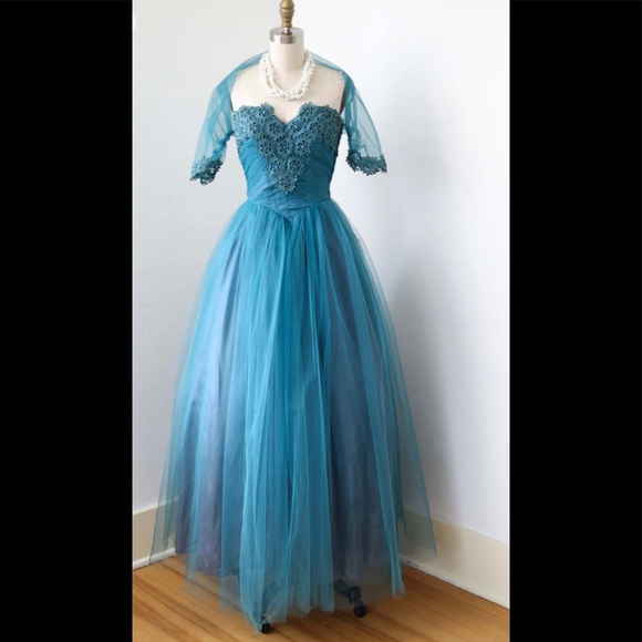 Dresses & Skirts - Vintage 1950s - Mermaid Teal Strapless Gown w/ Matching Cropped Bolero Jacket